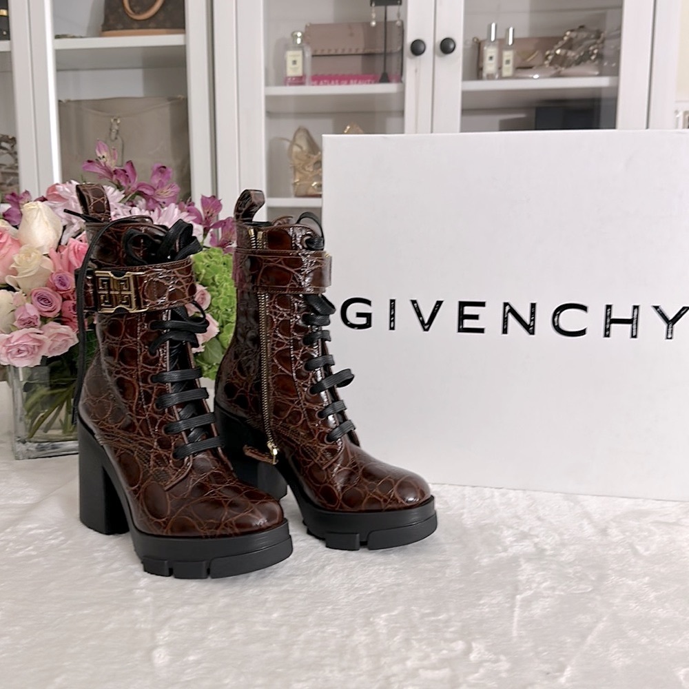 Givenchy Croc-Embossed Leather Block-Heel Combat Boots in Chestnut